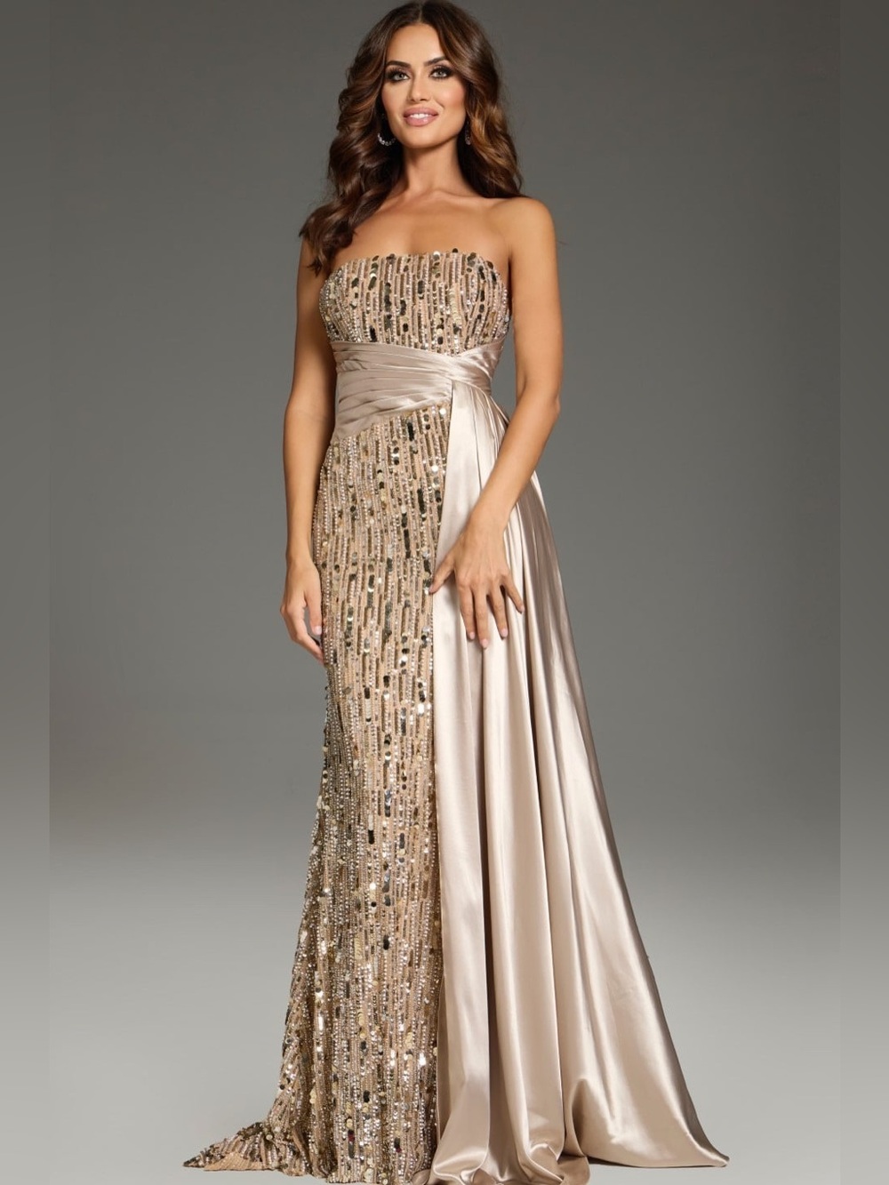 Jovani 42427 Nude/Gold Strapless Sequin Evening Gown